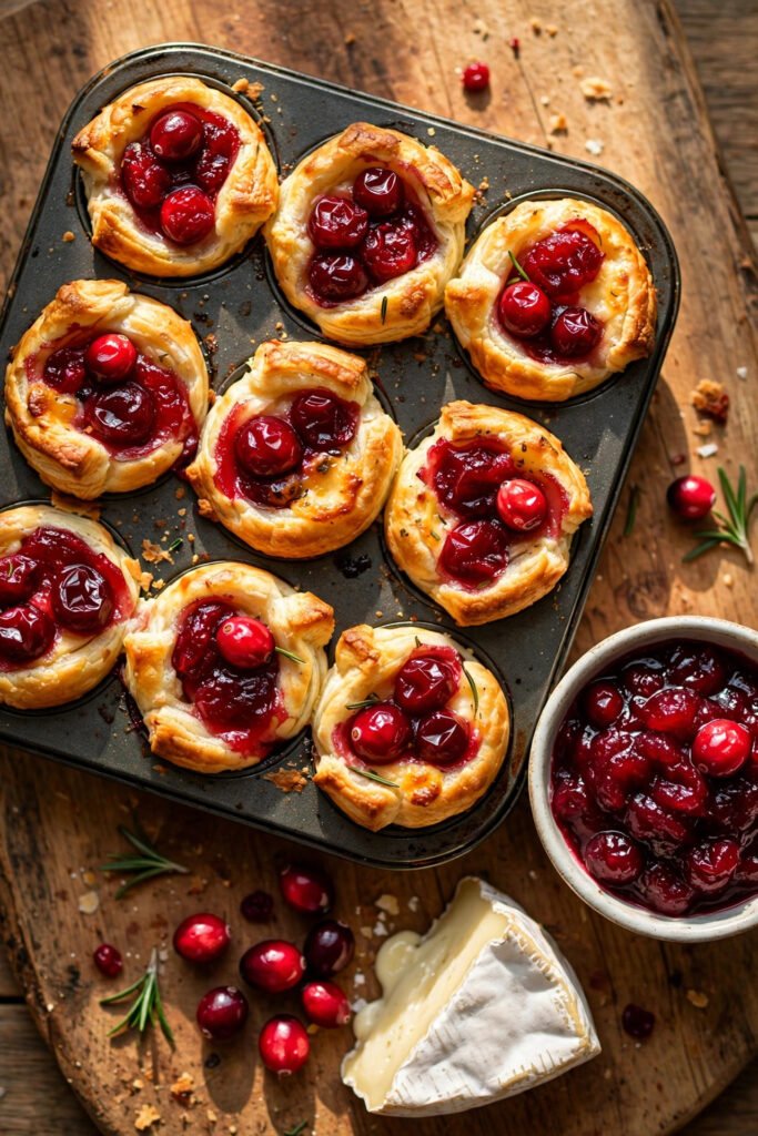 Mini muffin tin of cranberry brie bites from above with a bowl of cranberry sauce and a wedge of brie