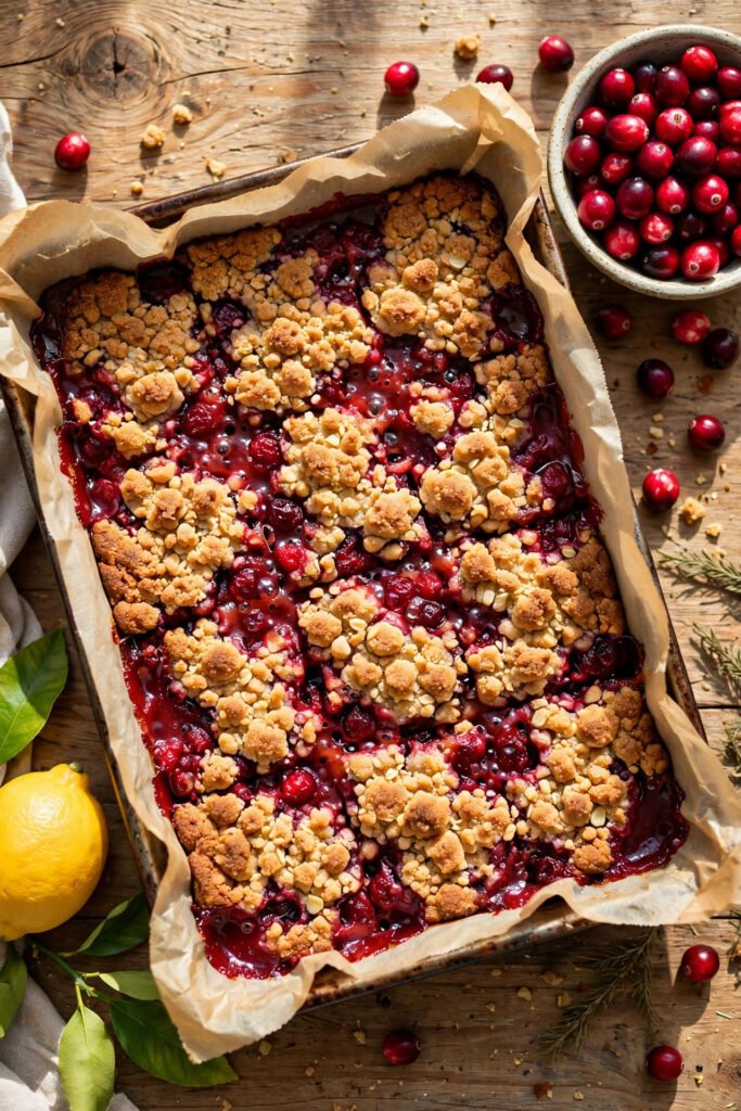 Pan of cranberry crumble bars from above with golden crumb topping