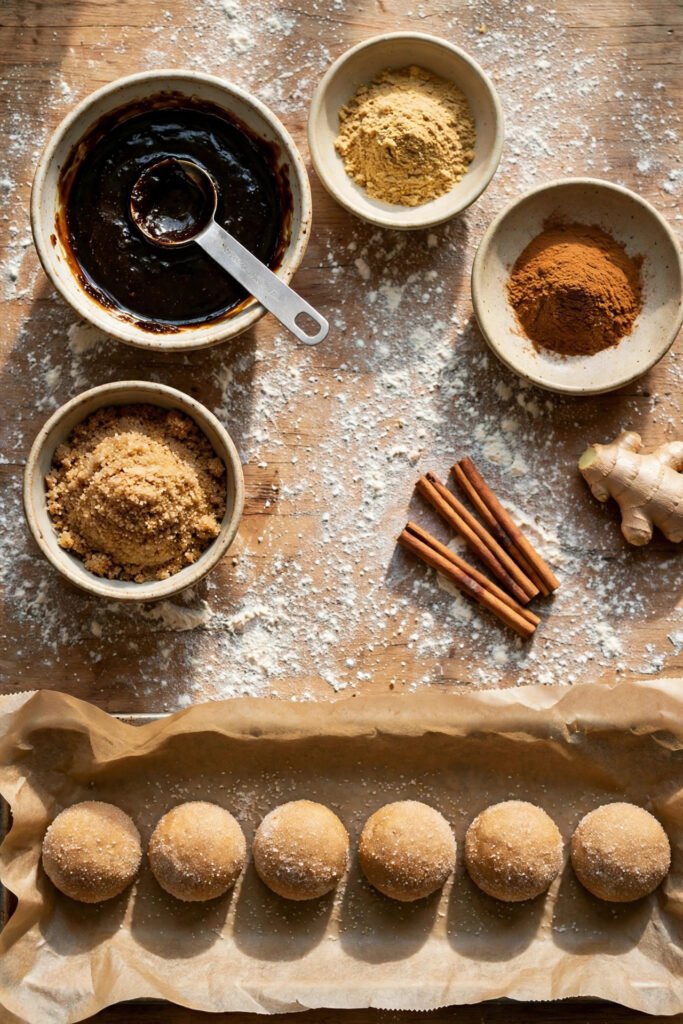 Gingerbread cookie ingredients flat lay with molasses, warm spices, flour and dough balls rolled in sugar
