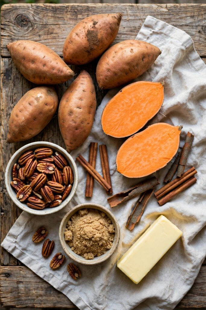 Sweet potato casserole ingredients — sweet potatoes, pecans, brown sugar, cinnamon and butter on a wooden surface
