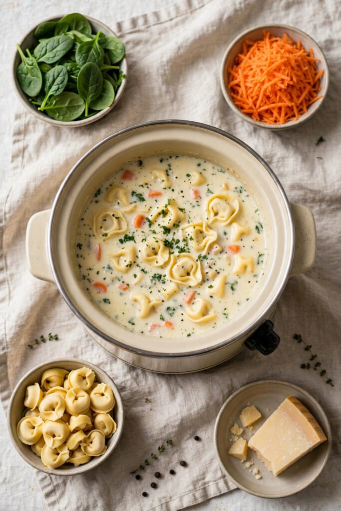 Slow cooker tortellini soup from above with small bowls of ingredients on a linen cloth