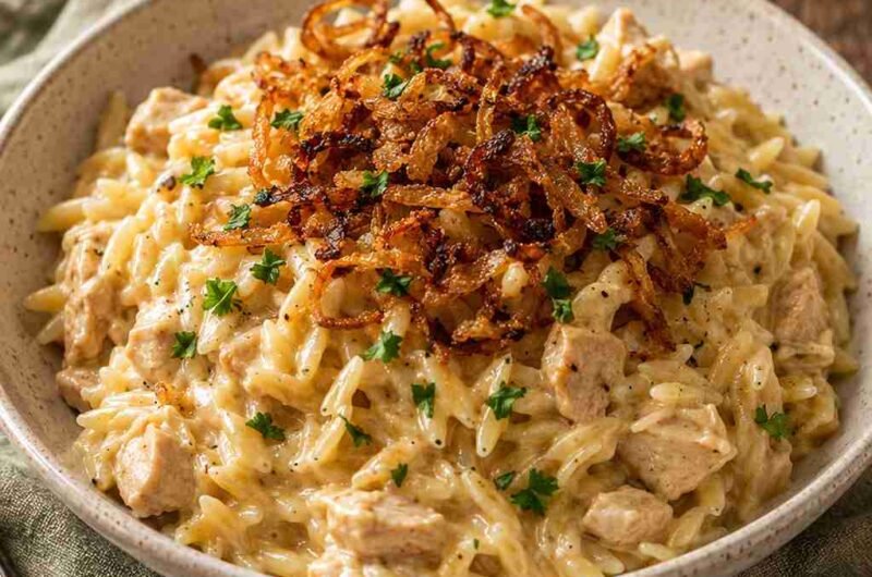 French Onion Chicken Orzo Casserole