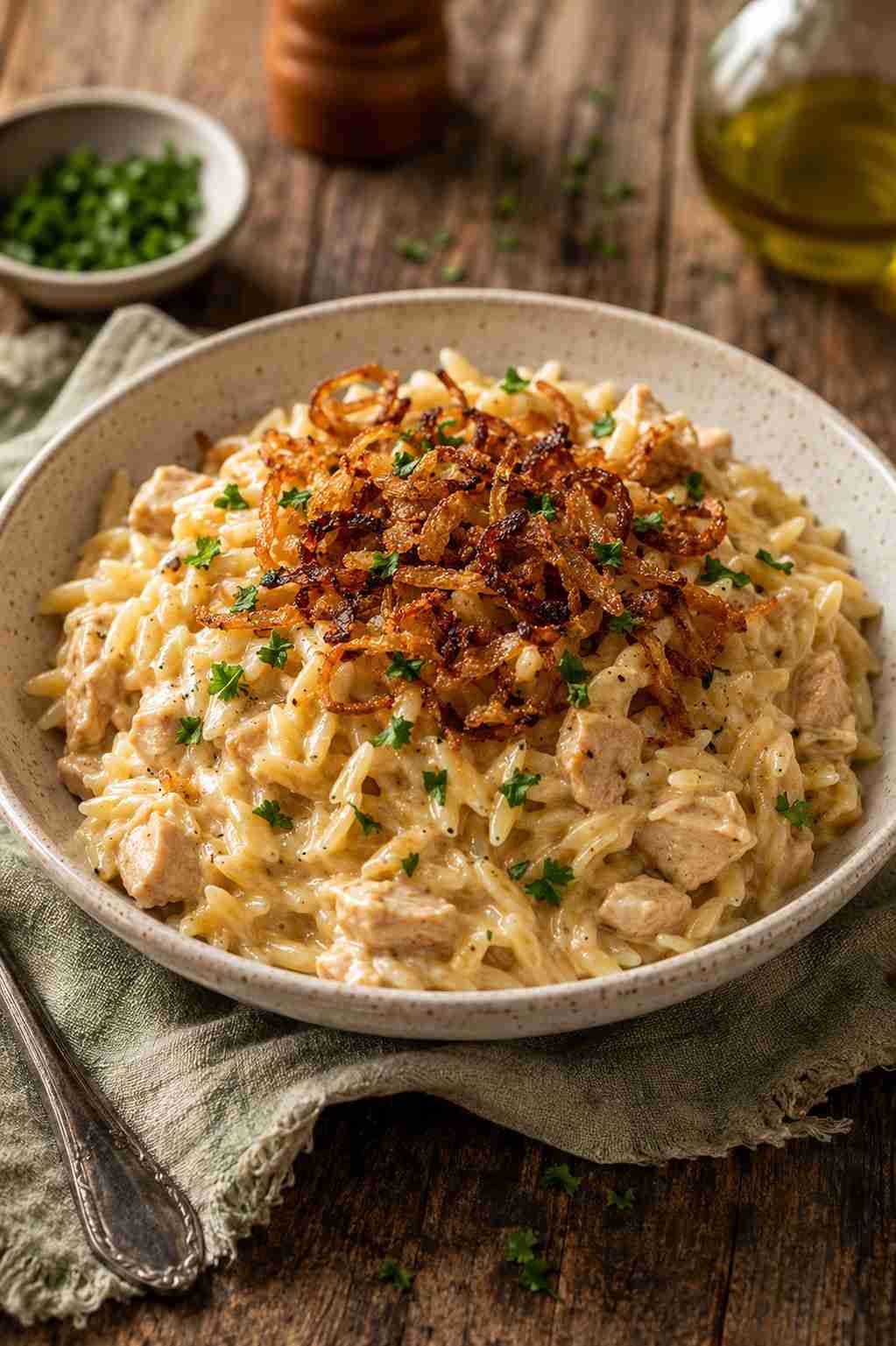 French Onion Chicken Orzo Casserole