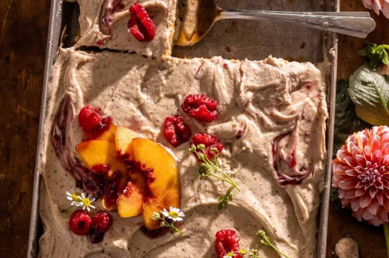 Peach Sheet Cake with Brown Butter Frosting