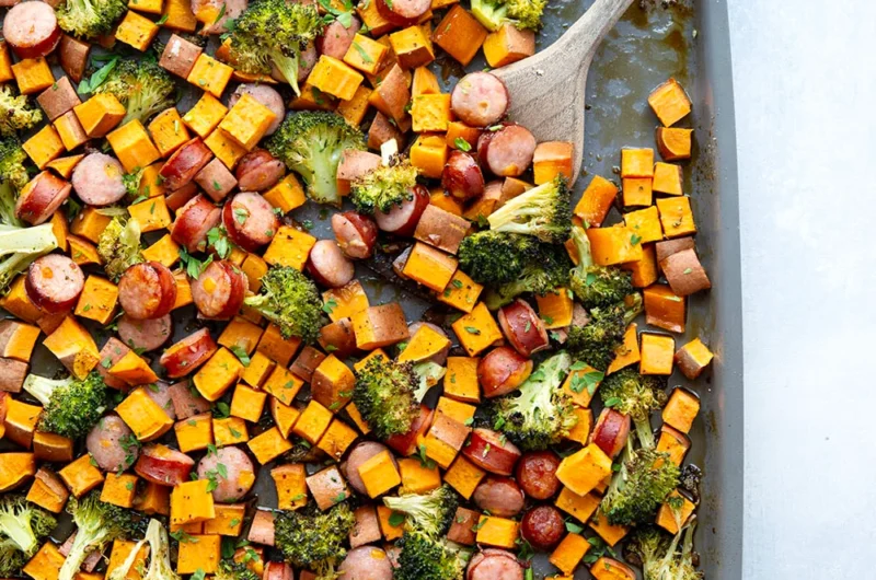 Sheet Pan Sausage and Sweet Potatoes with Honey Garlic Sauce