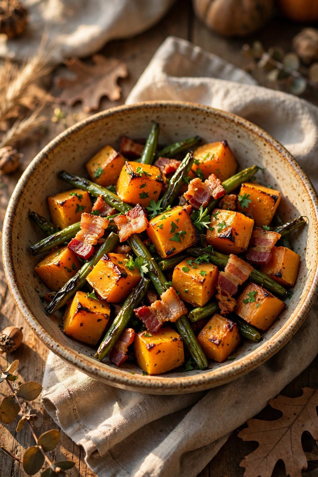 Roasted butternut squash and green beans with crispy bacon in a rustic serving bowl