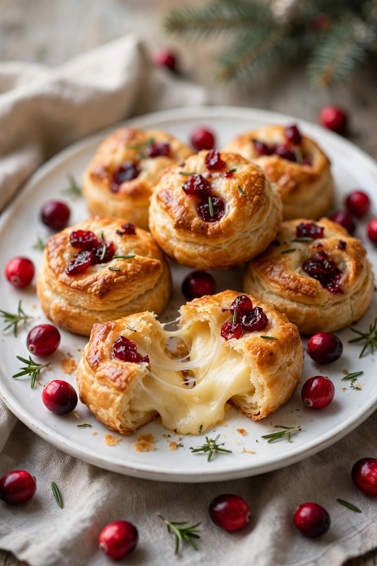 Cranberry brie bites on a white platter with rosemary and fresh cranberries