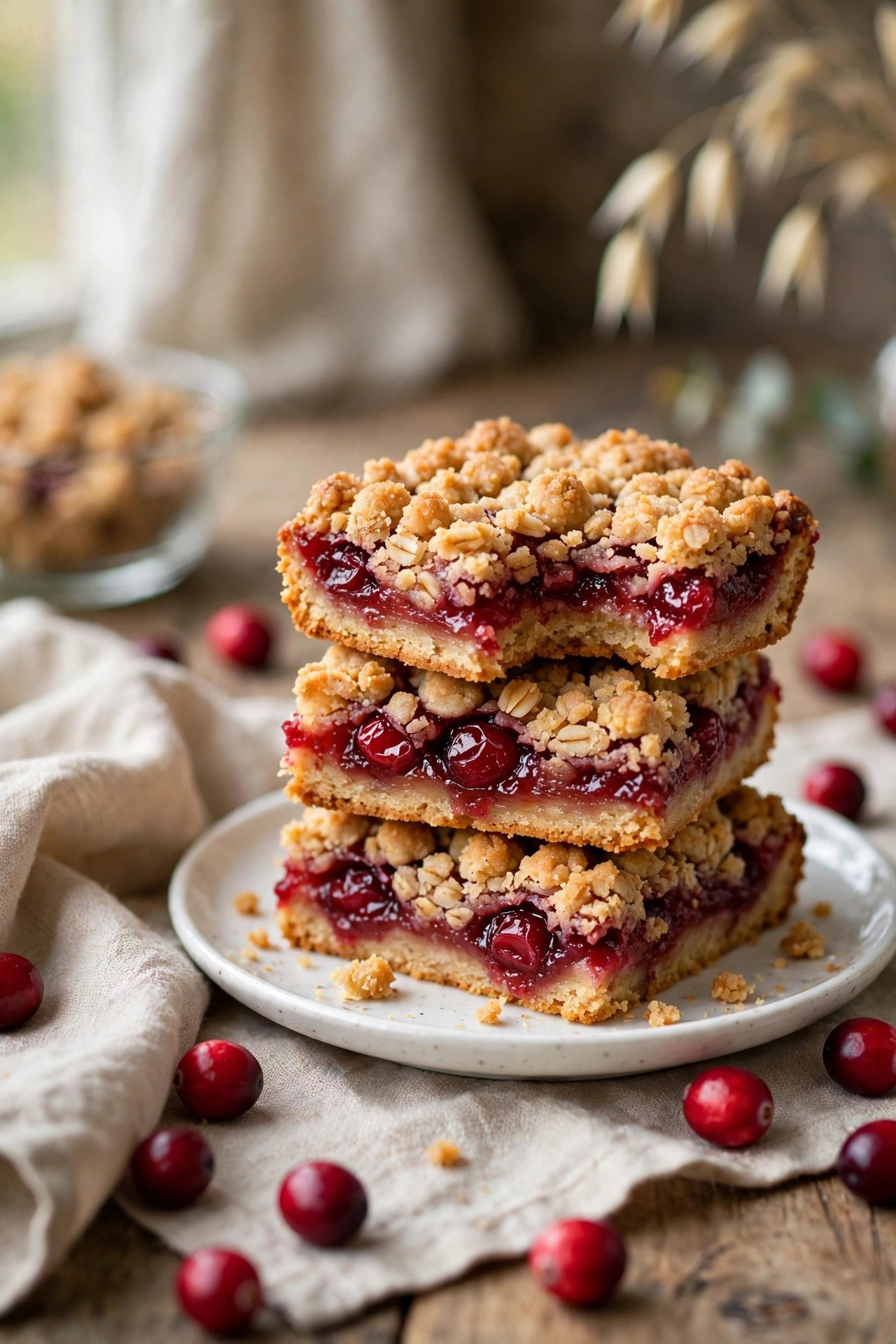 Cranberry crumble bars stacked showing the bright cranberry filling layer