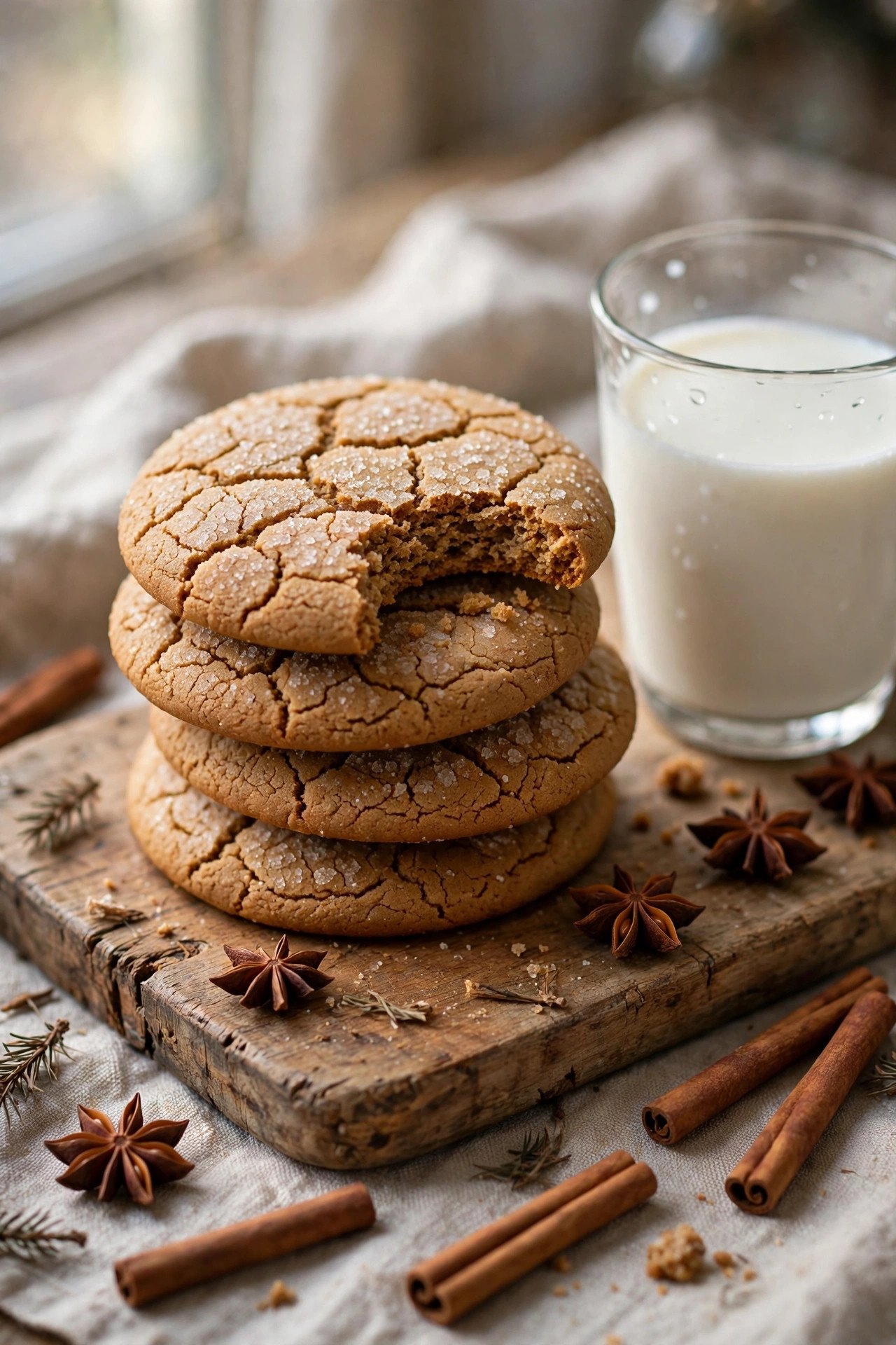 Soft gingerbread cookies stacked with crackly sugar tops, one bitten showing a chewy center