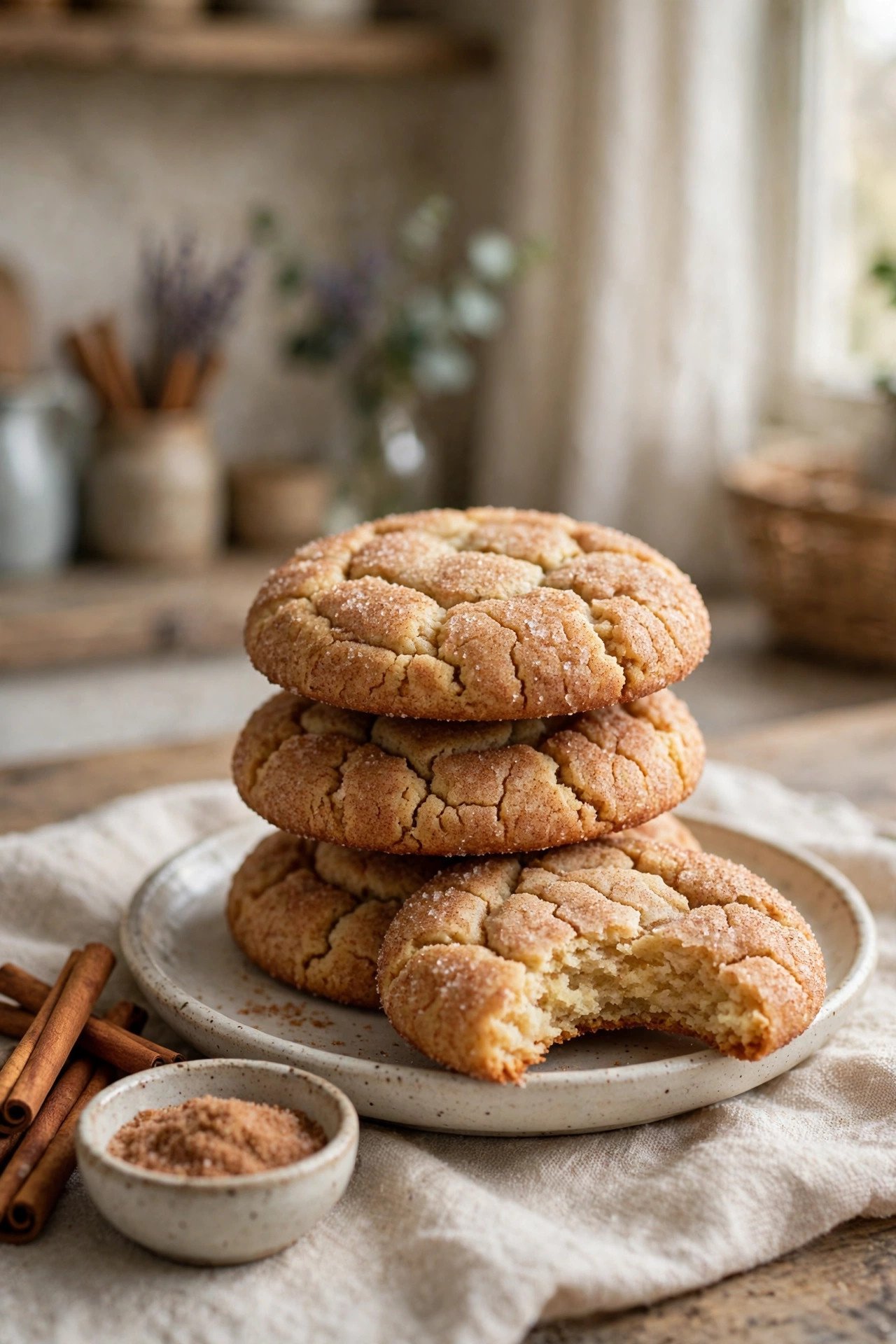 Soft and chewy snickerdoodle cookies stacked on a plate with crackly cinnamon sugar tops, one with a bite taken out