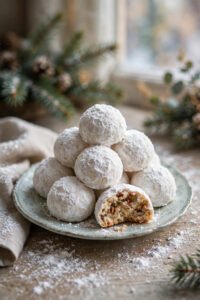 Classic snowball cookies coated in powdered sugar on a vintage plate, one broken open