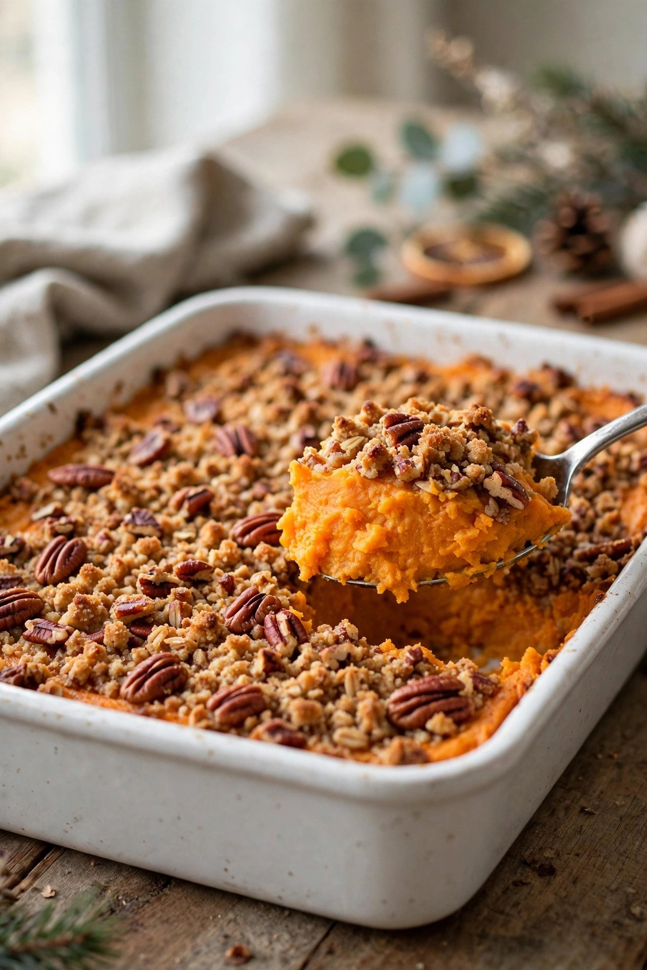 Classic sweet potato casserole with crunchy pecan streusel topping in a white baking dish