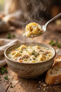 Slow cooker creamy chicken tortellini soup in a rustic bowl, a spoon lifting a cheese tortellini