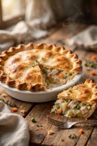 Leftover turkey pot pie with a golden crust, one slice lifted showing creamy turkey and vegetable filling