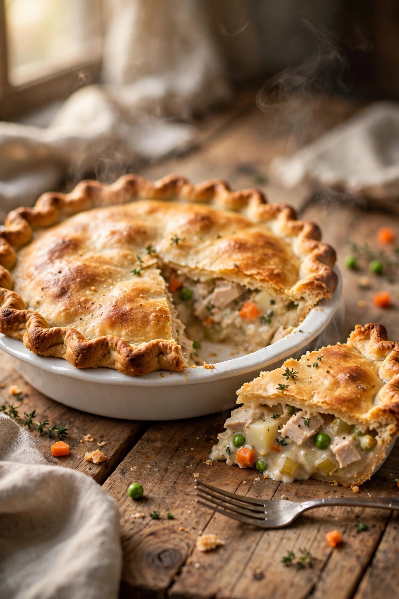 Leftover turkey pot pie with a golden crust, one slice lifted showing creamy turkey and vegetable filling